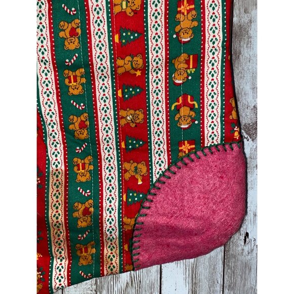 Vintage Handmade Teddy Bear Christmas Hanging Stocking w/ Festive Pattern & Bow - Picture 3 of 11